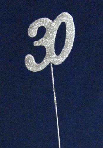 SILVER GLITTER NUMBER ’30’ ON WIRE – CAKE DECORATION, FLORISTRY – NEW