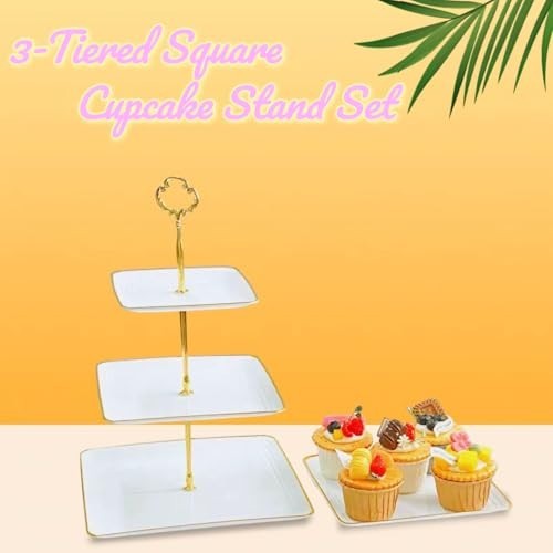 2 Pack 3 Tier Cupcake Stand with Gold Rim - Plastic Dessert Tower Tray for Parti gallery