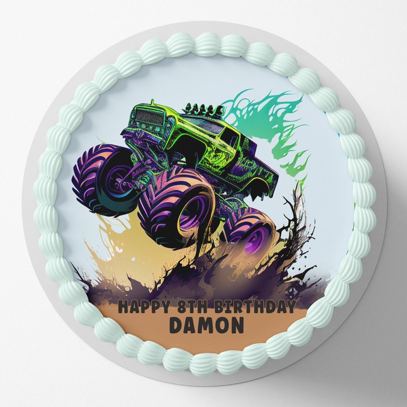 Monster Truck Pre-cut Round Edible Icing Cake Topper