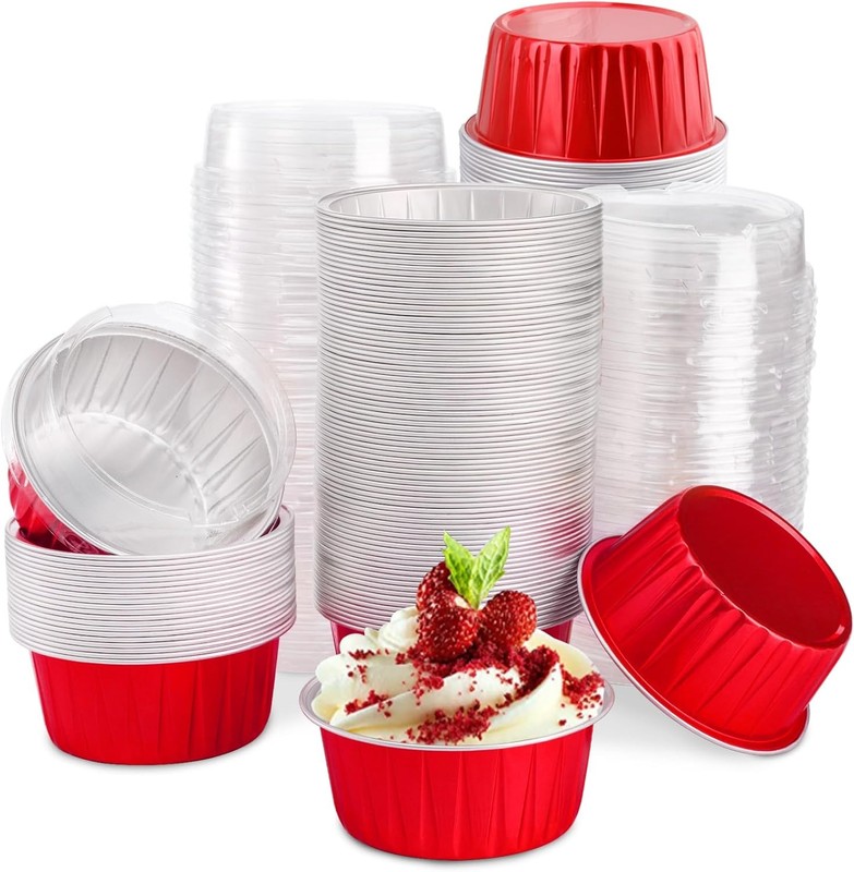 100 Pack Aluminum Foil Cupcake Liners with Lids 5oz Round Ramekin Baking Cups