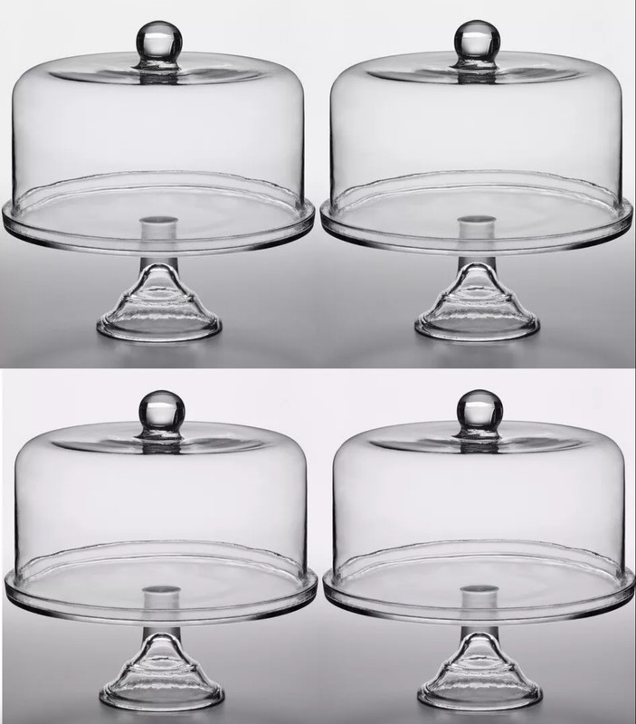 4 PACK 10 1/2″ Clear GLASS Cake Pie Display Stand with Round Cover Dome