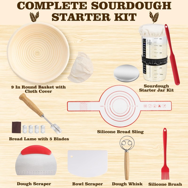 Sourdough Starter Kit with 9" Proofing Basket & 24oz Jar - Baking Supplies for B gallery