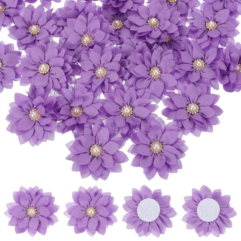 30Pcs Purple 2″ Fabric Flowers Rhinestone Pearls Sewing Fabric Flowers for DIY