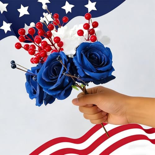 Patriotic Artificial Rose Flowers Berry Stem Picks Red White Blue Silk Floral gallery