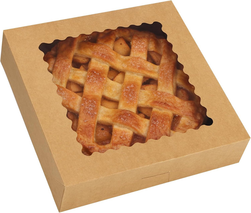 Moretoes 5pcs Pie Boxes, 10x10x2.5 Bakery Boxes with Window, Auto-Popup Brown Ba