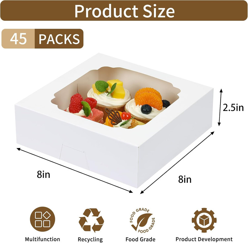 Moretoes 45pcs Bakery Boxes, 8x8x2.5 Inches Cookie Boxes with Window Treat Conta gallery