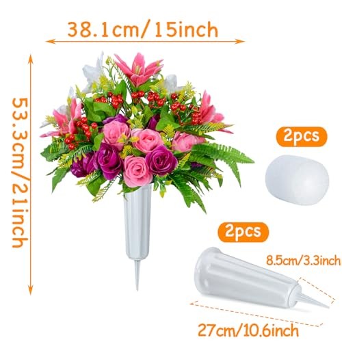 Artificial Cemetery Flowers with Vase, Set of 2 Artificial Rose Lily Bouquet gallery