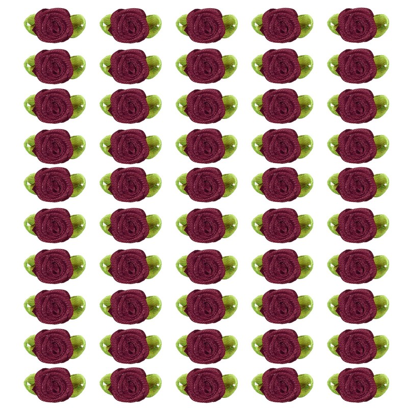 50Pcs 15mm Tiny Satin Ribbon Rose Fabric Flowers Rosettes Applique Burgundy