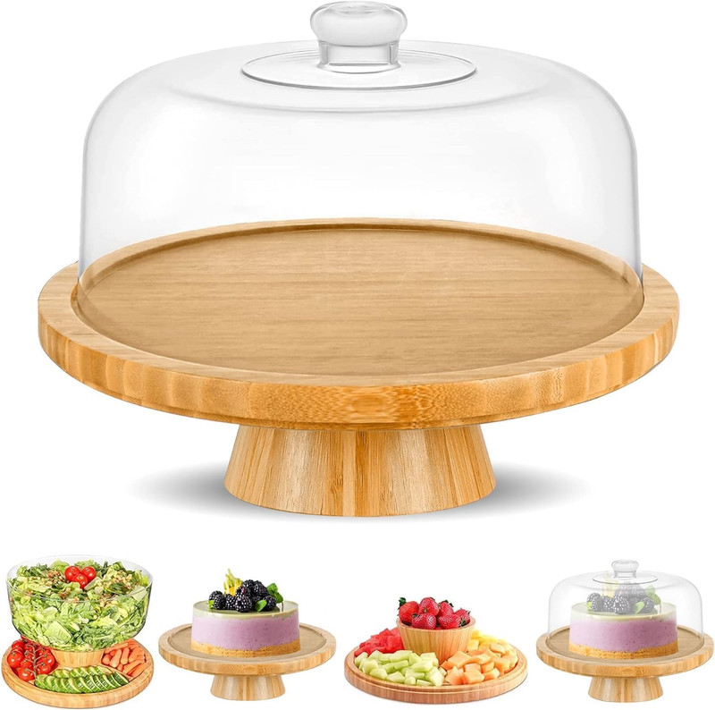 Multi-Function Bamboo Cake Stand with Dome – 6 in 1 Serving Platter 30cm