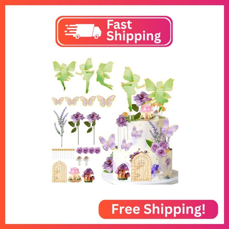 38Pcs Fairy Cake Toppers- JUYRLE Fairy Cake Decoration Pink Mushroom House Cake