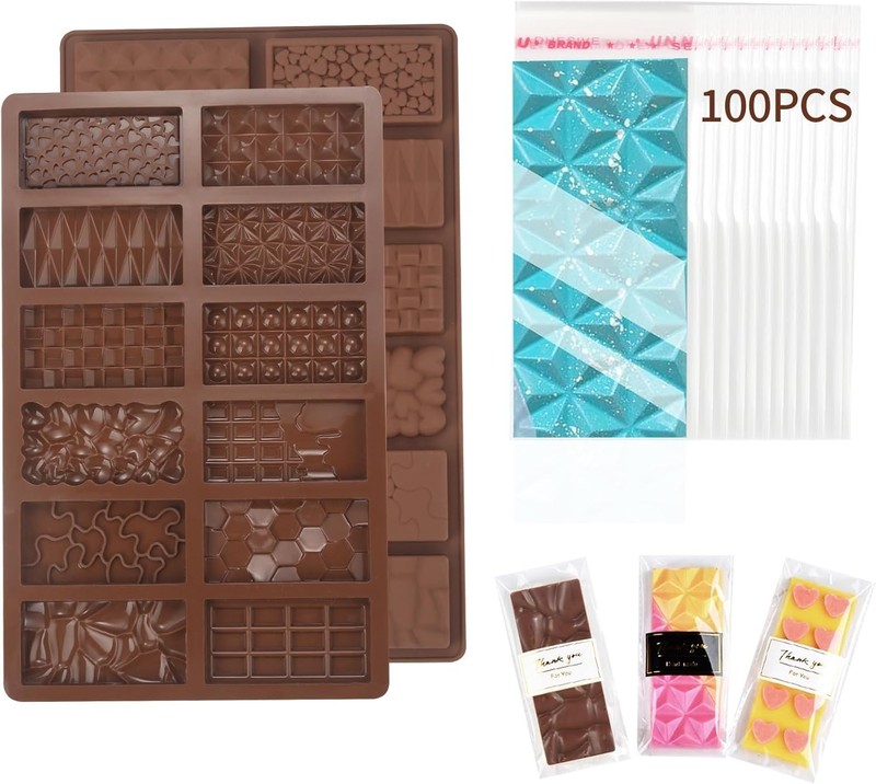 2-Pcs Mini Silicone Chocolate Mold with 100 Bags Break-Apart Candy Molds