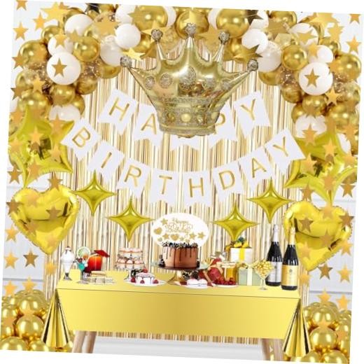 Gold Birthday Decorations Set – 92Pcs Set Gold Banner, Star Garland, Crown,