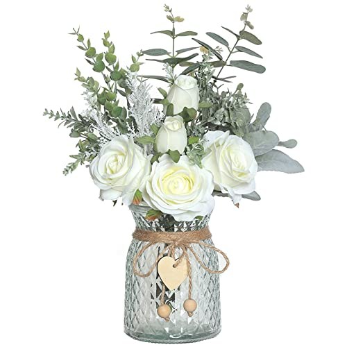 Faux Flowers with Vase,Artificial Silk Roses in Vase, Fake Plant White