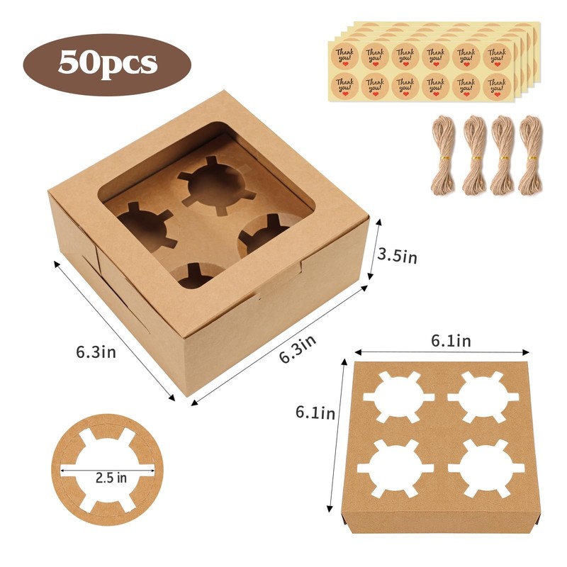 50 PCS Cupcake Boxes with Window, 6.3x6.3x3 Inch Cookie Boxes, Brown Bakery C... gallery