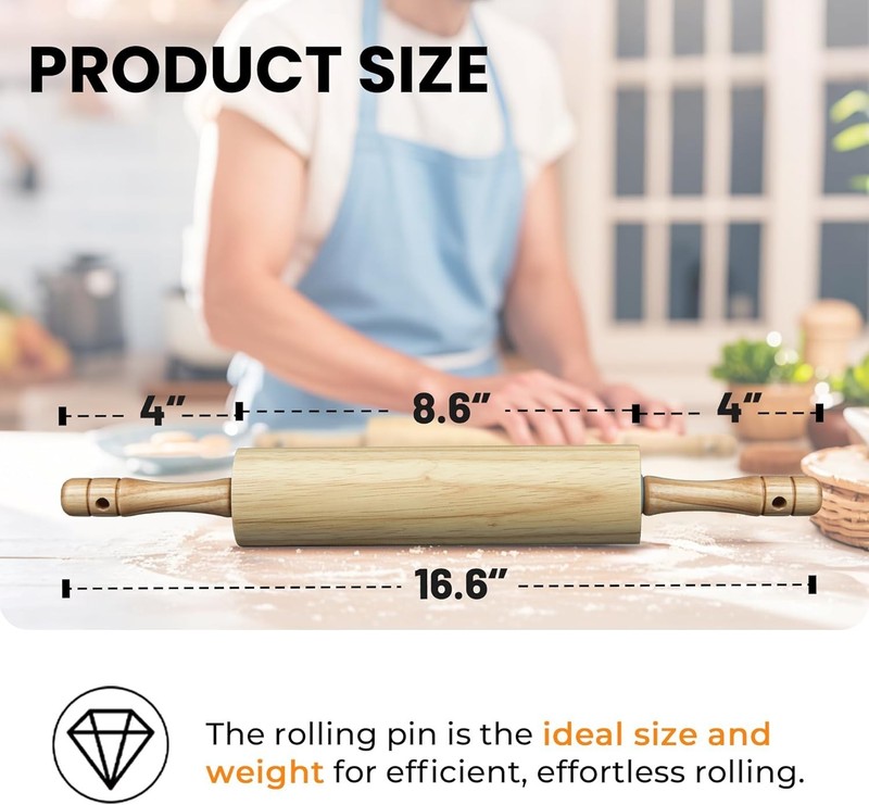 16.6" Rubber Wood Rolling Pin for Baking, Kitchen Dough Roller with Handles, Rol gallery