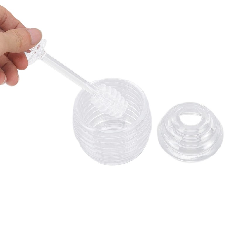 Transparent Plastic Beehive Shape Honey Pot Jar Dipper Lid Syrup Dispenser gallery