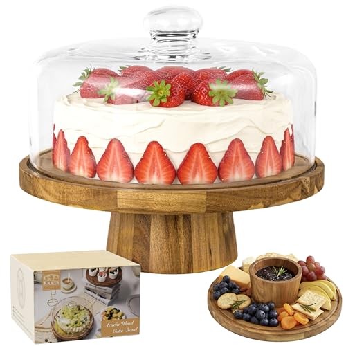 Acacia Wood Cake Stand with Lid, 12″ Glass Cake Stand with Dome Round Footed