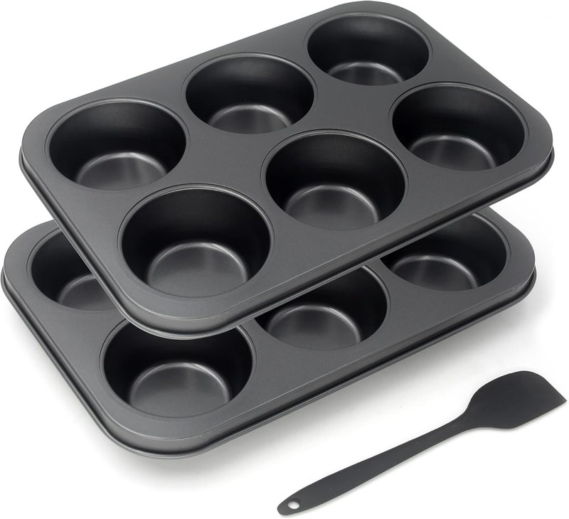 Non-Stick Muffin Pans, 6-Cup Set of 2 Jumbo Baking Pans with a Spatula for