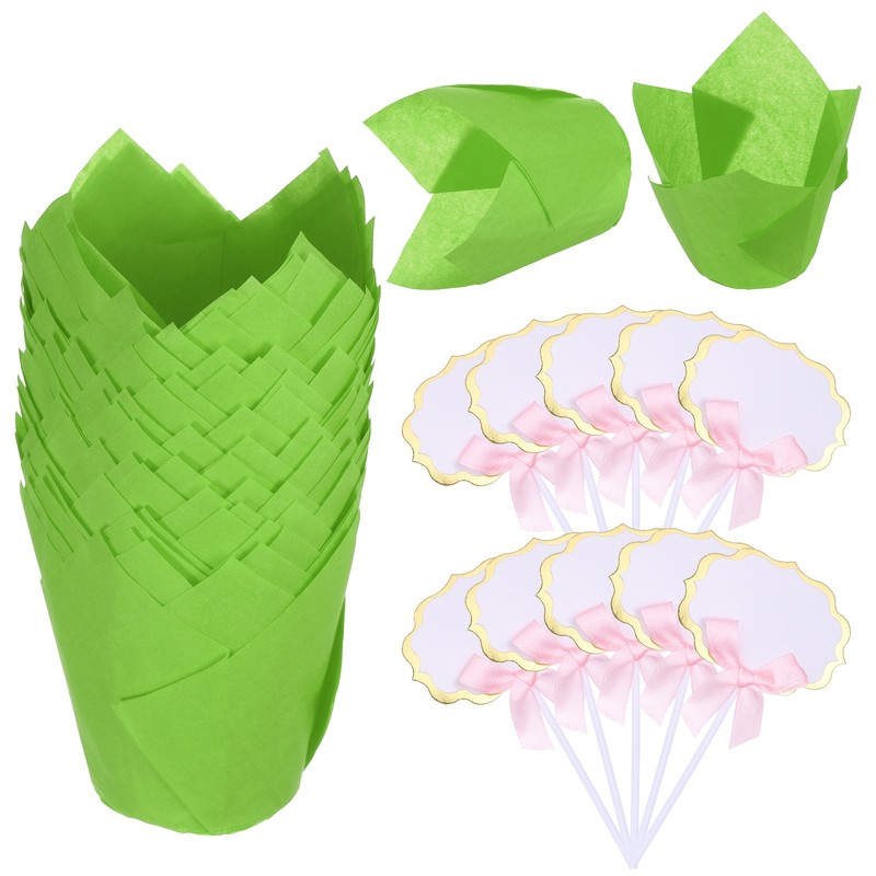 100Pcs Tulip Cupcake Liners with 10Pcs Cheese Markers Solid Baking Liners, Green