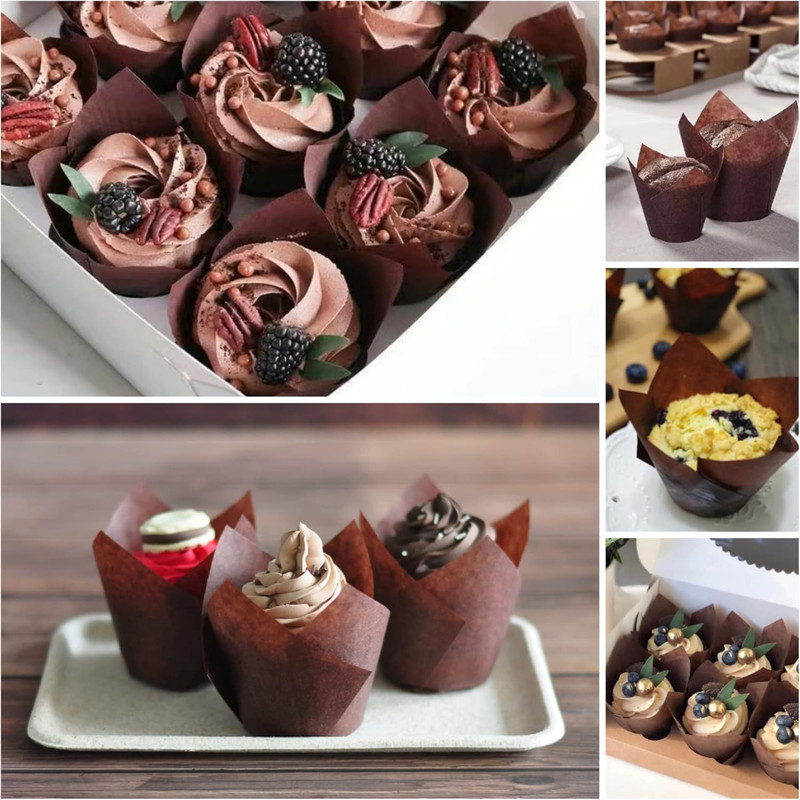 Large Size Brown Tulip Baking Cups 2-1/4"(Base Diameter) X 4"(Wall Height) Greas gallery