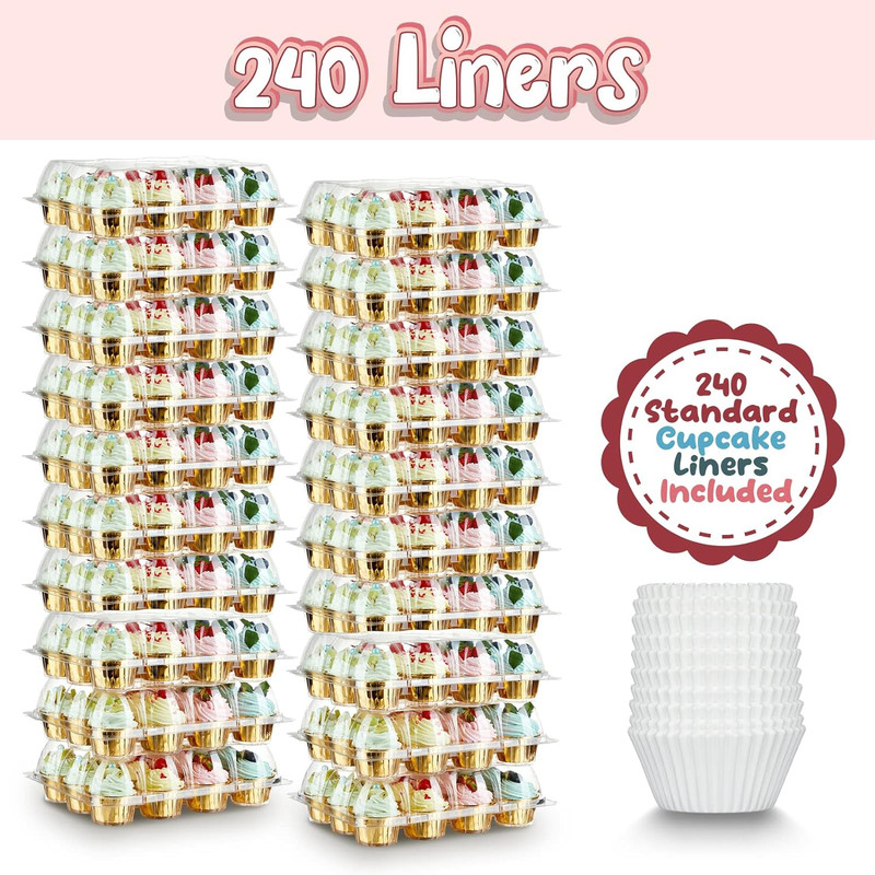 (12 Pack X 20 Sets) Stackable Cupcake Carrier with 240 Pack Liners, Plastic Cupc gallery