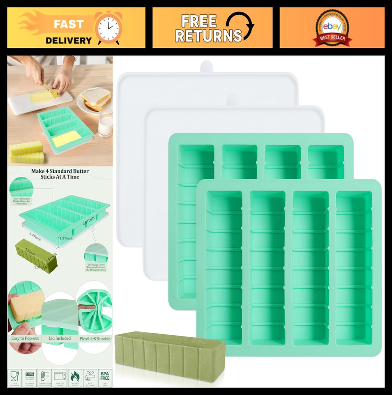 2-Pack Non-Stick Silicone Butter Mold Tray with Lid, Fits Standard Butter Size,