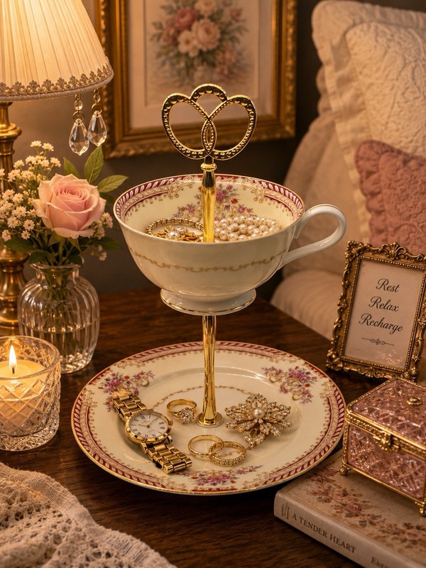 Noritake China Teacup & Saucer Tiered Jewelry Trinket Stand Handmade Japan