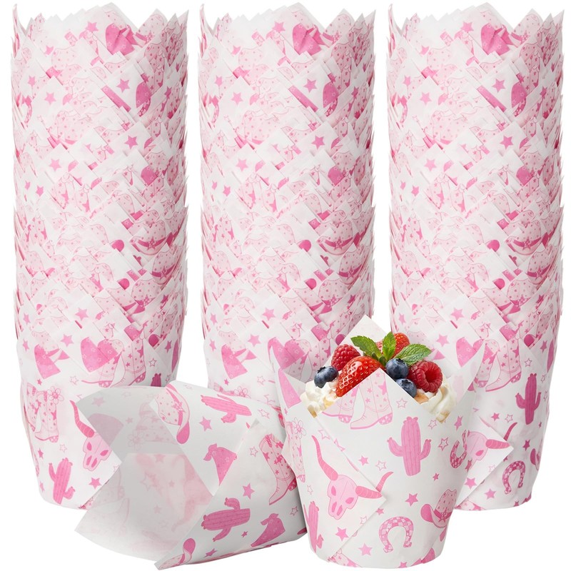 200 PCS Western Cowgirl Tulip Cupcake Liners Paper Muffin Baking Cups Pink
