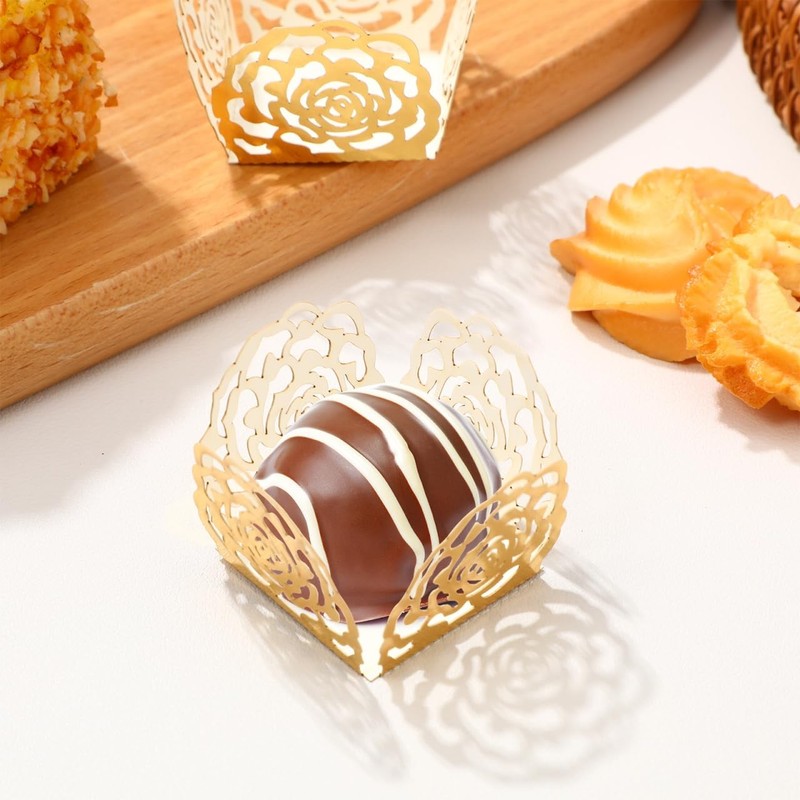 Truffle Wrappers Paper Candy Cups Gold Rose Dessert Liners Square Cups 50 PCS gallery