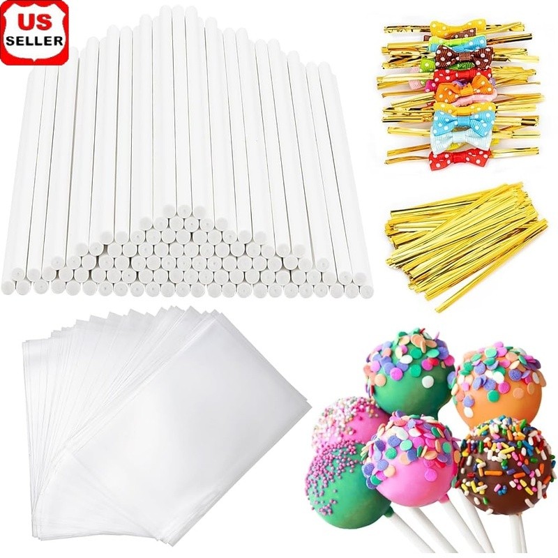 320Pcs Cake Pop Sticks Wrappers Metallic Ties Kit Lollipops Parties Events New