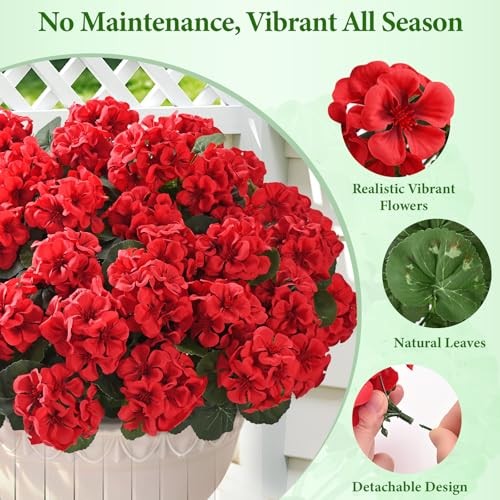 8 Bundles Artificial Flowers for Outdoors, Realistic Geraniums Fake 8 Pack Red gallery