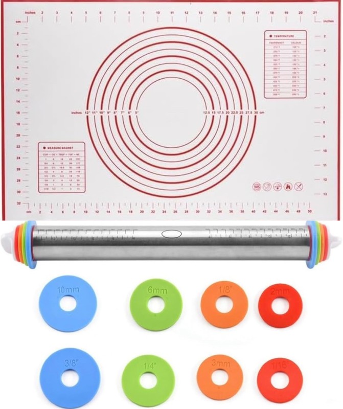 Red Silicone Baking Pastry Mat Set Stainless Steel Dough Roller Rolling Pin