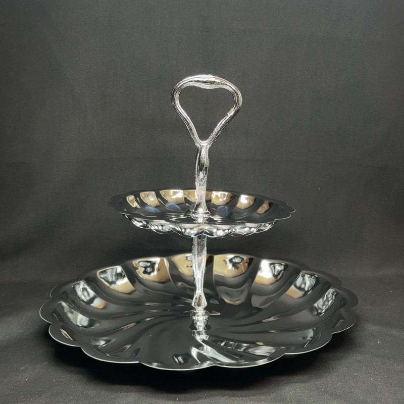 Vintage Arco 2-Tier Cake Candy Stand Chrome Metal Scalloped Silver Tray Party gallery
