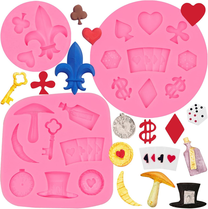 Poker Silicone Molds 3 Pcs, 3D Casino Themed Chocolate Molds Alice Wonderland Ha