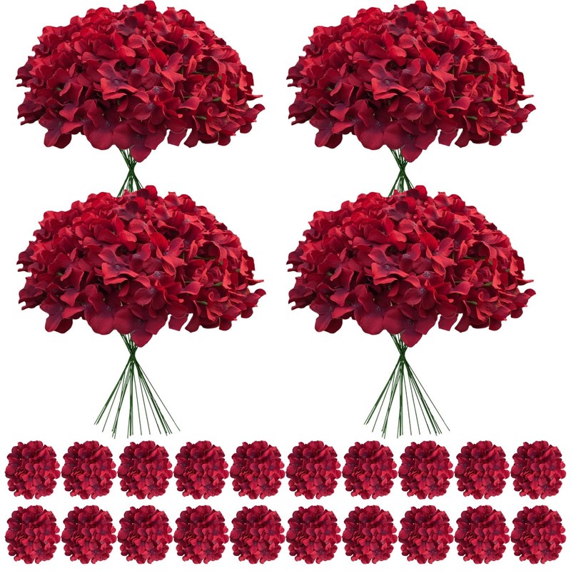Cherica 100 Pcs Faux Deep Red Hydrangea Artificial Flowers Bulk Fake Silk