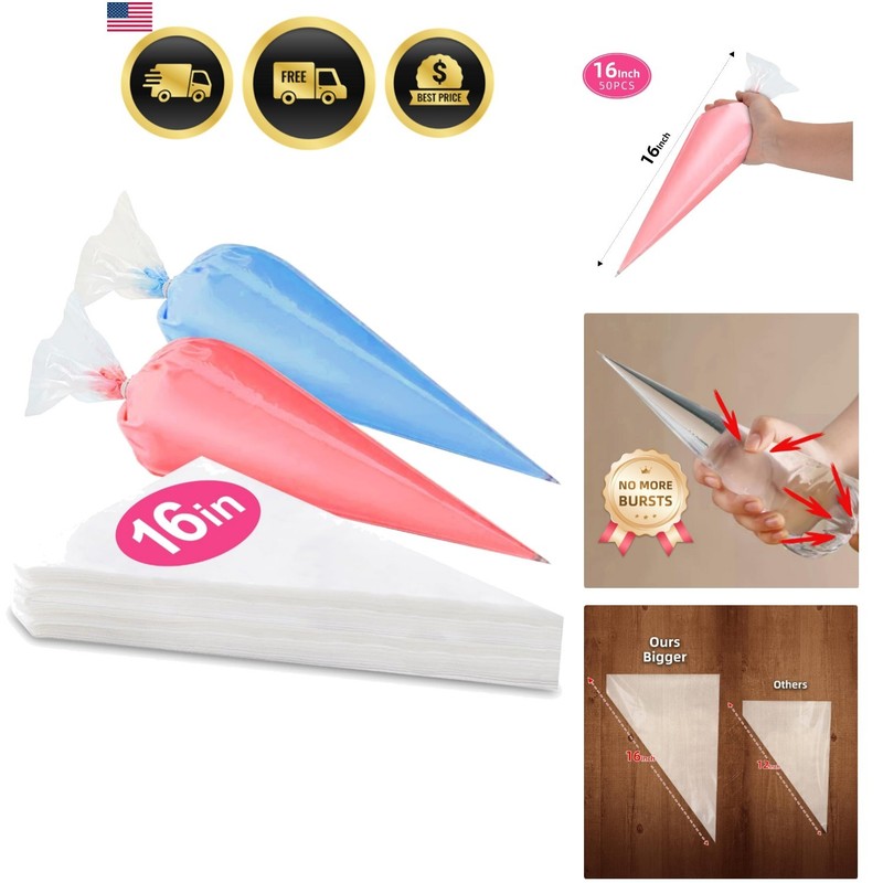 16 Inch Piping Bags Disposable, 50 Pcs Large Pastry Bags, Icing Bags, Cake De...