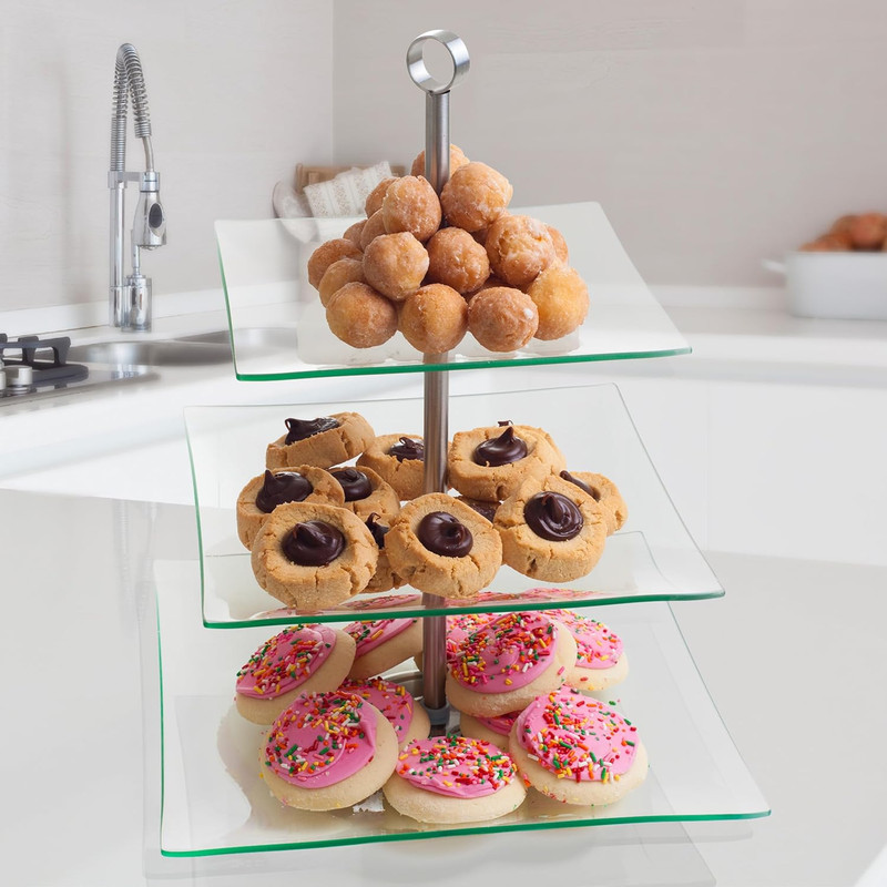 Home Dess Three Tier Square Glass Buffet and Dessert Stand, 1 Pack, Clear gallery