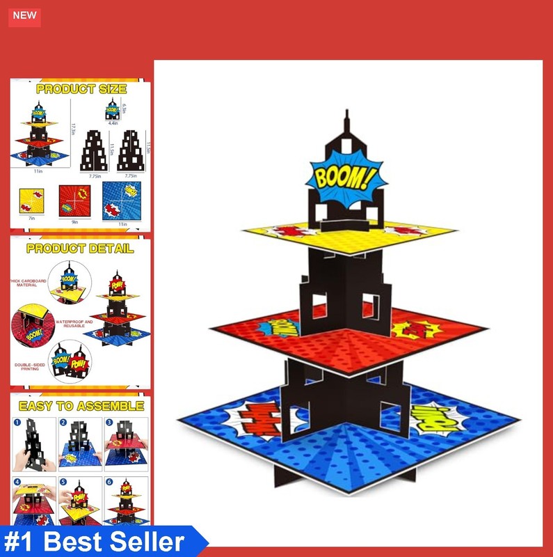 Superhero Cupcake Stand 3 Tier Cardboard 24 Cupcakes Holds Party Dessert