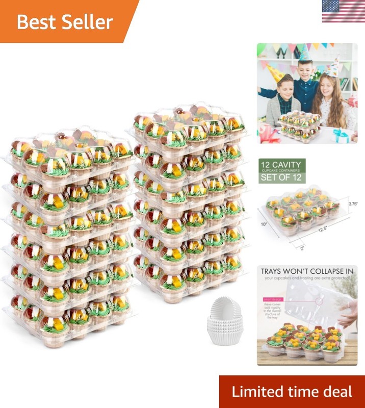 12 Count x 12 Sets Cupcake Containers with 144 Liners, Thick Plastic Cupcake …