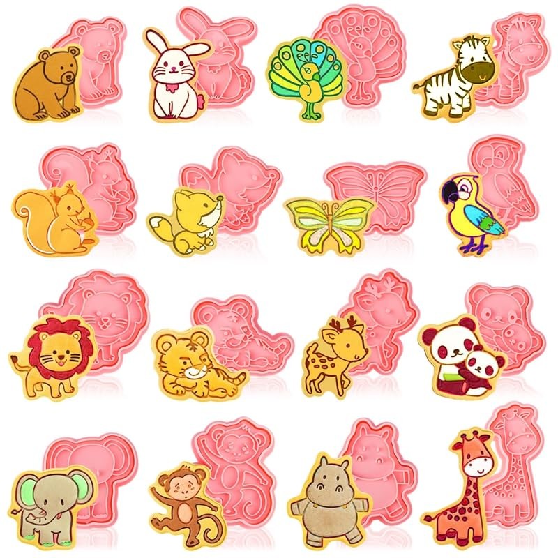 16 Pack Animal Cookie Cutters Set,3D Cookie Plunger Stamps Jungle Safari Anim…