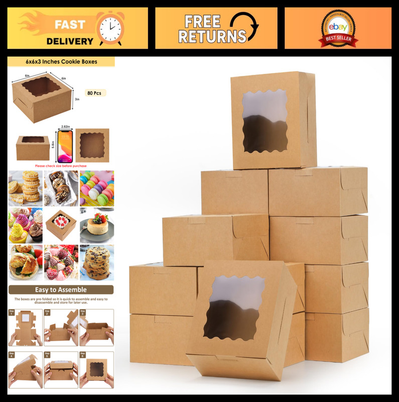 80pcs Brown Bakery Boxes with Window – 6x6x3 Small Cookie Treat Boxes for Pastri