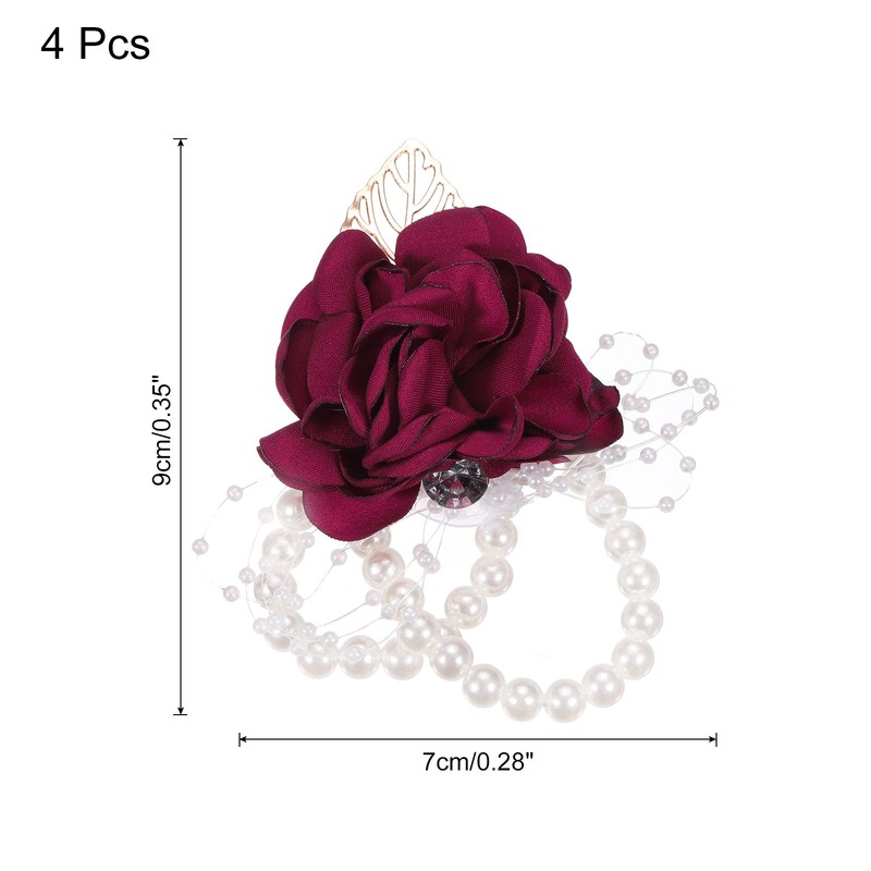 4pcs Wrist Corsage Artificial Flower Bracelets Rose Decorative 9x7cm Deep Red gallery