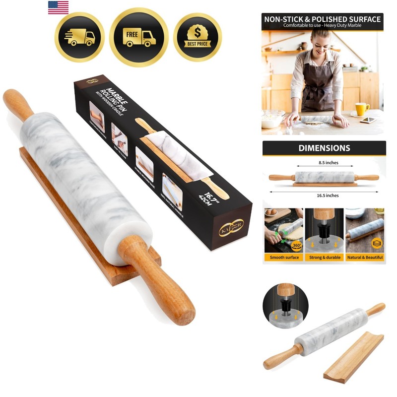 16.7 Inches Marble Rolling Pin for Baking with Wooden Handles & Wooden Cradle…