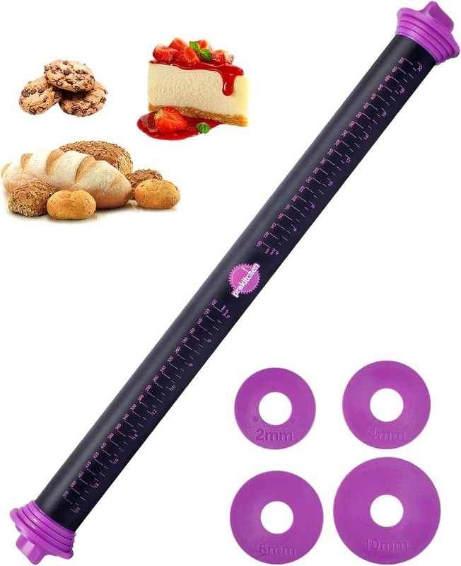 23.6-Inch Silicone Rolling Pin with Adjustable Thickness Rings – Purple Elegance gallery