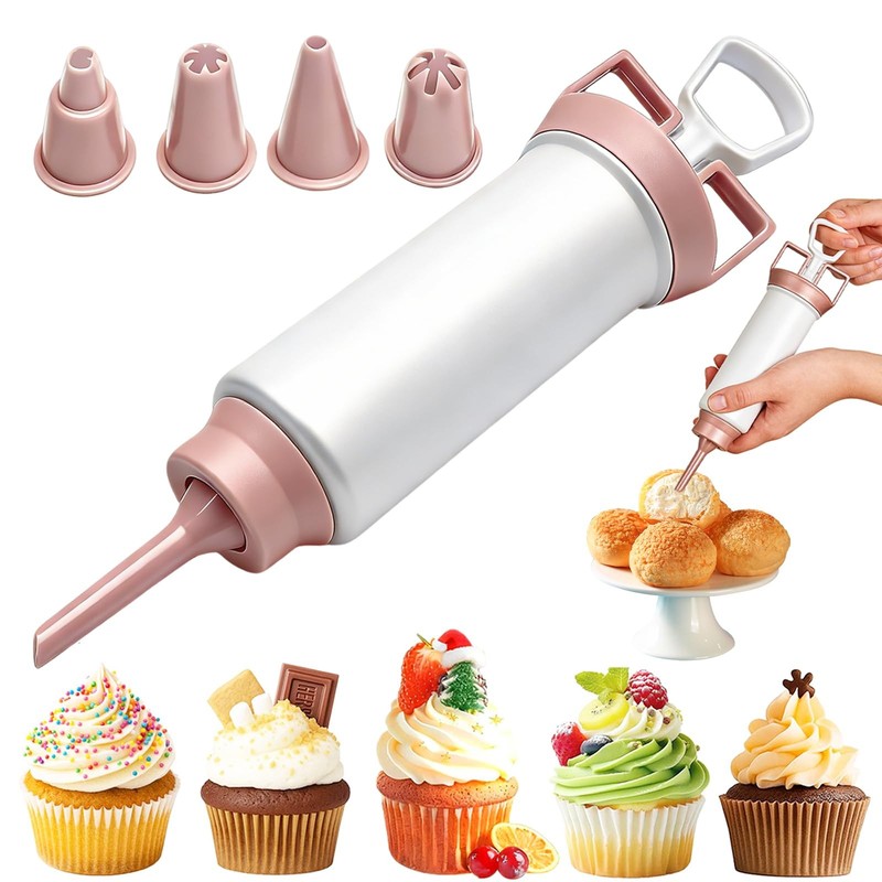 Cake Decorating Gun Cupcake Icing Piping Kit 5 Tips Injector Set Pink