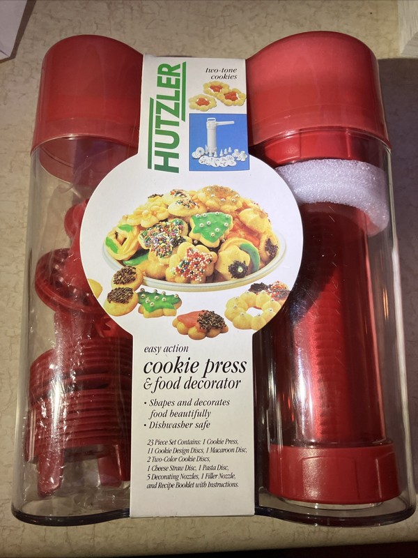 Hutzler Cookie Press & Food Decorator 23 Piece Set -Red/Clear 2-tone Cookies new