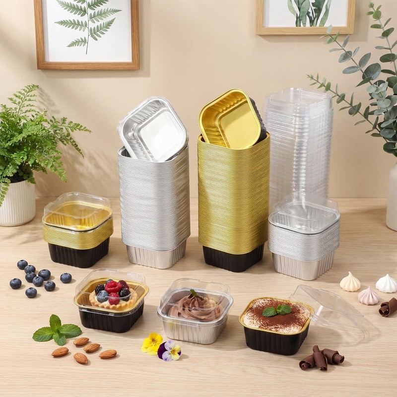 200 Pack 5 oz Mini Cake Pans with Lid, Aluminum Foil Mini Baking Tins, Square... gallery