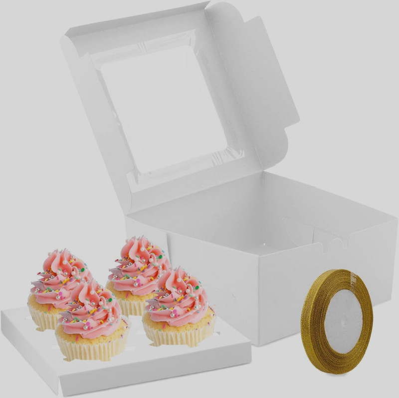 White Cupcake/Muffin Boxes Carrier 25 Pack 4 Grid Window Insert 6.3×6.3×7.5″