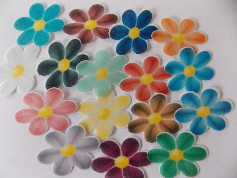 16 PRECUT Edible Multi Colour Flowers wafer/rice paper cake/cupcake toppers gallery