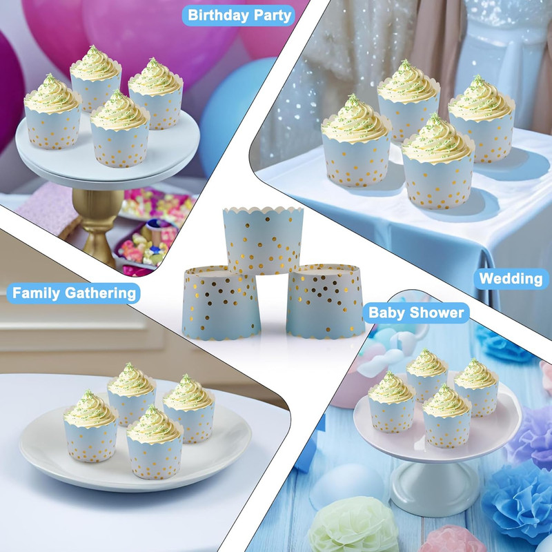 Standard Blue Cupcake Liners with Gold Polka Dots, 50-Pack for Events gallery